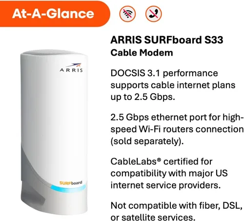 Miniatura 2 de ARRIS SURFboard S33 DOCSIS 3.1 - Módem de cable Multi-Gig Puertos Ethernet de 2.5Gbps + 1Gbps Funciona con Xfinity, Cox, Spectrum Para planes