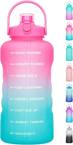 Miniatura 10 de Botella de agua de un galón con popote, 128 onzas (3.8 L), libre de BPA - Innovadora botella deportiva con tapa 2 en 1 con recordatorios Jacaranda