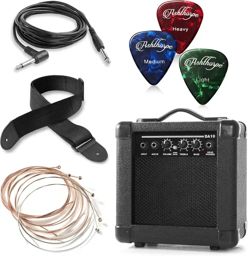 Miniatura 7 de Ashthorpe Paquete de guitarra eléctrica acústica Dreadnought Cutaway de tamaño completo con amplificador de 10 W, color negro