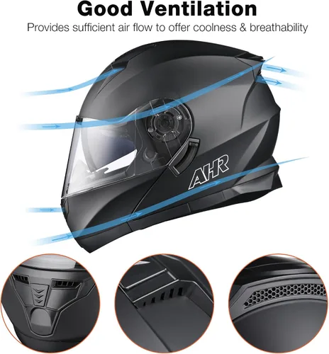 Miniatura 4 de AHR Casco de motocicleta de doble visera, modular abatible, casco de cara completa, aprobado por DOT, casco AHR Run-M1 y M3 para adultos, motos