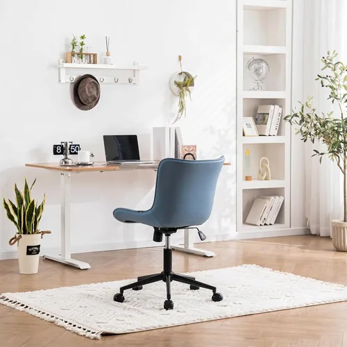 Miniatura 8 de YOUNIKE Silla de escritorio azul para oficina en casa con ruedas, silla cómoda sin brazos con respaldo, silla moderna pequeña de cuero tapizado