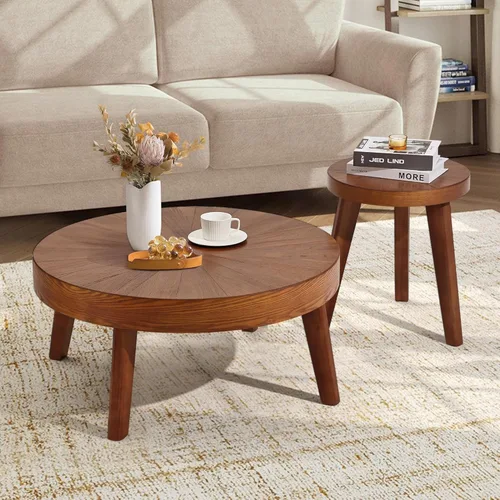 Miniatura 4 de HOKYHOKY Juego de 3 mesas de centro redondas estilo granja, mesas nido de estilo bohemio para sofá, mesas auxiliares con acabado natural de madera