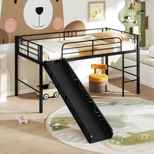 Giantex Cama baja tipo loft con tobogán, marco de cama individual de metal con escalera de escalada, barandilla y espacio de almacenamiento para