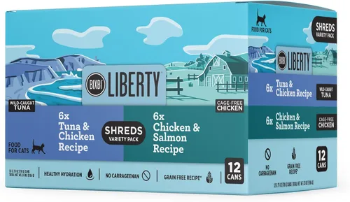 BIXBI Liberty Wet Cat Food Shreds - Paquete variado con receta de pollo/salmón y receta de atún/pollo - (latas de 2.75 onzas, caja de 12)