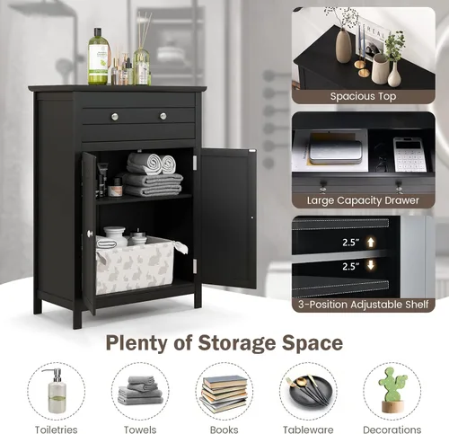 Miniatura 7 de Tangkula Armario de piso de baño, gabinete de almacenamiento de madera independiente con cajón grande y 2 puertas, estante ajustable de 3 alturas