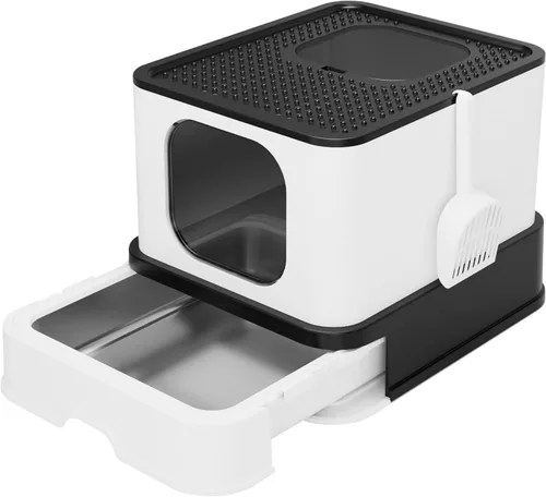Miniatura 9 de RIZZARI Stainless Steel Cat Box: Black Large Capacity Enclosed Litter Pan with High Walls - Non-Stick Teflon Coating & Leak-Proof Drawer - Odor