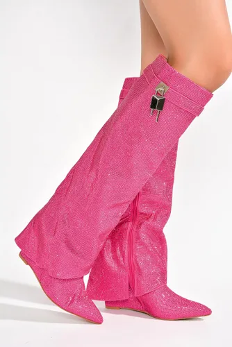 Miniatura 2 de Cape Robbin Botas de diamantes de imitación para mujer, con candado, hasta la rodilla, tacón de cuña, punta puntiaguda, botas altas de meter