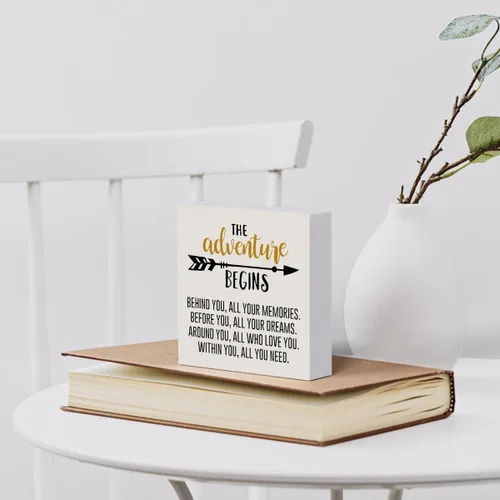 Miniatura 6 de mmiishe Letrero de madera con texto en inglés «The Adventure Begins», decoración de pared para acampar en el hogar, 5 x 5 pulgadas, diseño rústico