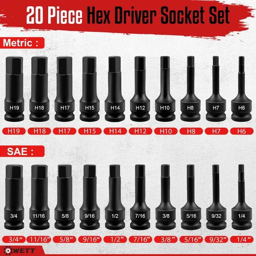 Miniatura 2 de WETT Juego de llaves de impacto maestro de 1/2" con brocas hexagonales, juego de 20 piezas de llaves hexagonales, juego de llaves Allen, acero