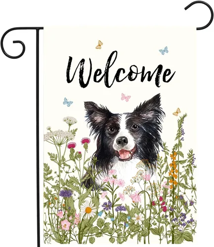 Bandera de jardín floral Border Collie bandera de patio primavera verano bandera de patio flor perro banderas de jardín para exteriores pequeñas