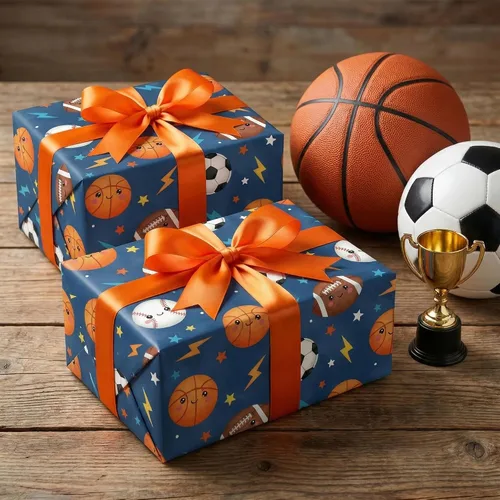 Miniatura 4 de SaringSwoon Papel de regalo para baby shower para niños y niños, papel de regalo de pelota deportiva azul con diseño de baloncesto, fútbol, béisbol
