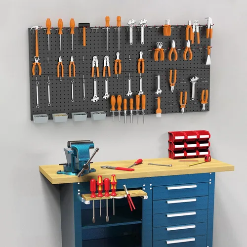 Miniatura 7 de WALMANN Kit de tablero de clavijas de metal con accesorios para pared, herramientas de garaje, sistema de tablero de clavijas para garaje, banco