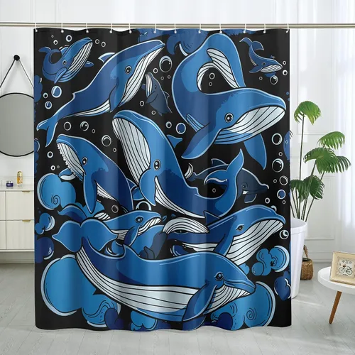 Miniatura 25 de Juego de cortinas de ducha de ballena azul, divertidas cortinas de ducha de dibujos animados de océano para baño, decoración de baño para niños