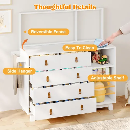 Miniatura 2 de Cómoda para bebé con cambiador, cambiador de bebé con 5 cajones y estantes ajustables, estación multifuncional para cambiar pañales, organizador