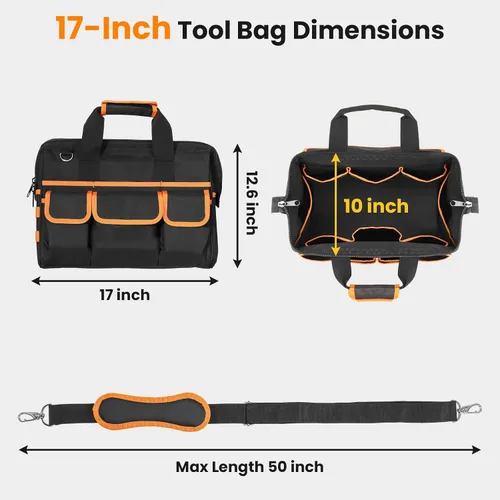 Miniatura 3 de Bolsa de herramientas resistente, bolsas de herramientas de 17 pulgadas para hombres con múltiples bolsillos, bolsa organizadora de herramientas