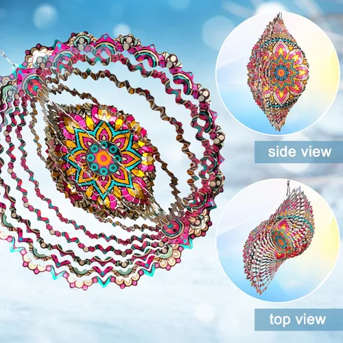 Miniatura 4 de Mandala Blossom Wind Spinner - Molinillos de Viento de Metal Escultura de Viento Colgante Cinética 3D de 12 pulgadas Cortada con Láser