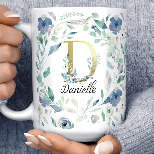 Miniatura 2 de Personalized Pansy Floral Monogram Ceramic Coffee Mug, 11 or 15 oz