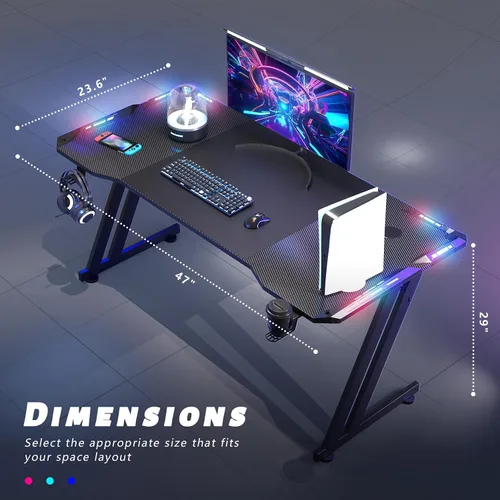 Miniatura 3 de HLDIRECT Escritorio para juegos de 47 pulgadas con luces LED, mesa grande de escritorio RGB para computadora con soporte para tazas, gancho