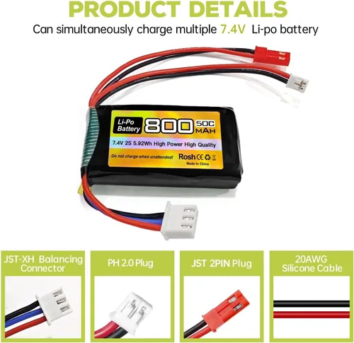 Miniatura 4 de 2 unidades 7.4V LiPo 2S 50C JST y PH2.0 Plug 800mAh Batería para SCX24 RC Car Compatible con la mayoría de las baterías RC 1/10, 1/16, 1/18, 1/24