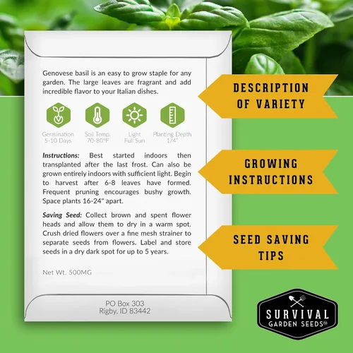 Miniatura 2 de 1 paquete de semillas de albahaca genovesa para plantar con instrucciones para cultivar deliciosas hierbas italianas en el huerto de tu hogar