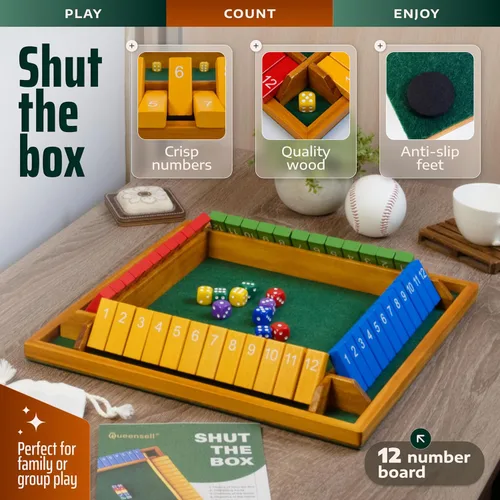 Miniatura 4 de Shut The Box Game Tablero de madera para 4 jugadores, juego de 14 pulgadas, 12 números para adultos y niños, ideal para noche