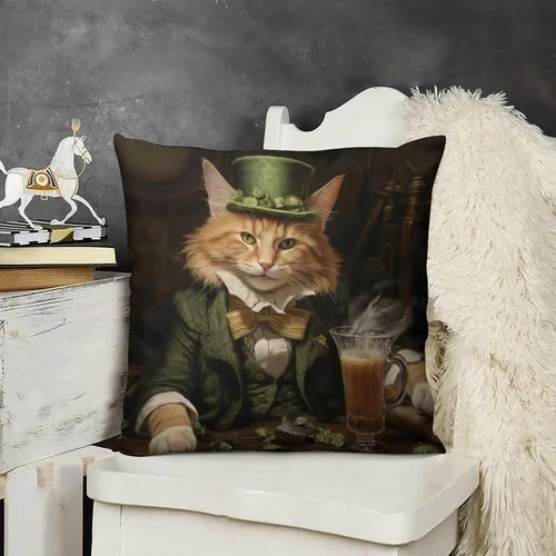 Miniatura 15 de Fundas de almohada de granja con diseño de feliz día de San Patricio con un gato en un sombrero de trébol, fundas de almohada de terciopelo