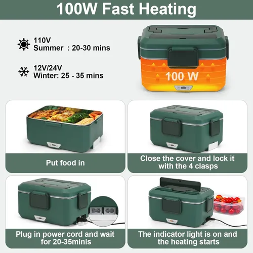 Miniatura 3 de Fiambrera eléctrica para adultos, 100 W, 3.5 L, calentador de alimentos portátil de 2 capas para hombres, modo dual de 2.5 L + 1 litro, lonchera