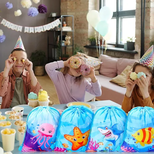 Miniatura 5 de Paterr Paquete de 12 bolsas de mochila con cordón para fiesta de animales del océano, bolsas de regalo de fiesta bajo el mar, bolsas de golosinas