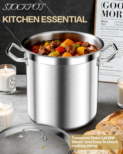 Miniatura 7 de STOCKPOT Olla de acero inoxidable de 20 cuartos de galón con tapa de vidrio templado, base de 3 capas, 8.8 libras, acabado pulido, adecuada
