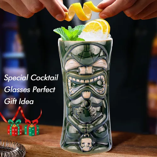 Miniatura 7 de SuproBarware Juego de 4 tazas Tiki de cerámica grandes Tiki tazas hawaianas Luau para fiestas, tazas Tiki Bar para cócteles