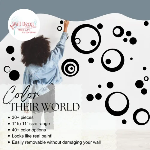 Miniatura 2 de Vinilo adhesivo negro para pared, diseño de círculos, anillos, puntos, 25 unidades, 11 pulgadas, gran decoración del hogar