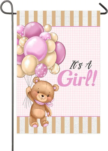 Bandera de jardín con texto en inglés "It's A Girl" de doble cara de 12 x 18 pulgadas, globos de oso de peluche para bebé niña, decoración de patio