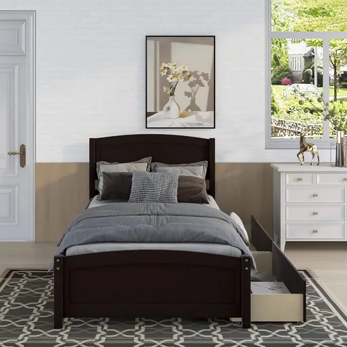 Miniatura 3 de Harper & Bright Designs Base de cama individual, plataforma de madera con dos cajones, cabecero, estribo y soporte de listones de madera (expreso)