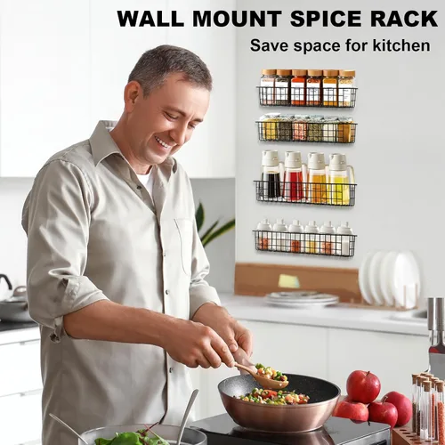 Miniatura 2 de Organizador de especias para montaje en pared, paquete de 2 cestas de almacenamiento de alambre negro para pared o puerta de gabinete en cocina