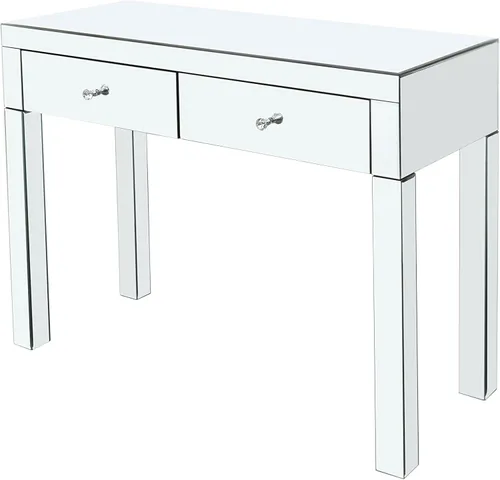 Miniatura 7 de Moderna mesa de consola plateada con espejo con 2 cajones de almacenamiento, escritorio rectangular de tocador, mesa de tocador de maquillaje
