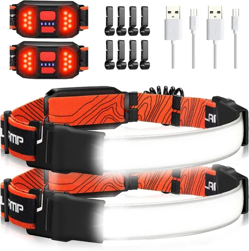 Hopedone 2 paquetes de faros recargables, 230° gran angular 1000 lúmenes linterna con luz trasera roja, 3 modos de luz, luz LED ligera, ajustable e