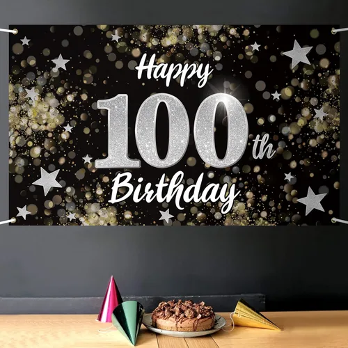 Miniatura 5 de Decoración de feliz cumpleaños número 100, cartel grande de fondo de cumpleaños con estrella de ensueño negro y plateado de 100 años, decoración