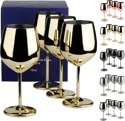 Miniatura 8 de Arora Copa de vino de acero inoxidable de 18 onzas, juego de 4 unidades, doradas, 3.6 pulgadas de profundidad x 8.3 pulgadas de alto (850978)