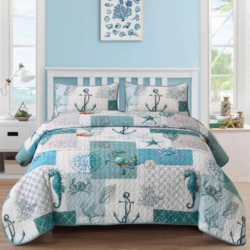 DJY Beach Quilt Set Queen Size,3 Piece Coastal Ocean Summer Bedspread Coverlet Set with 2 Pillow Cases Lightweight Soft Microfiber Nautical Bedding