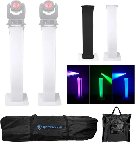 (2) Rockville RTP32W Totem - Soporte de luz de cabeza móvil + Scrims negro+blanco+bolsas de transporte para luces American DJ Vizi Beam RXONE