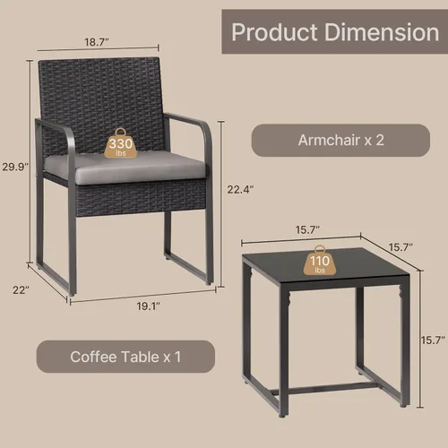 Miniatura 2 de Gizoon Juego de 3 piezas de muebles de patio tipo bistró, juego de muebles de mimbre negro para exteriores, juego moderno de sillas de ratán