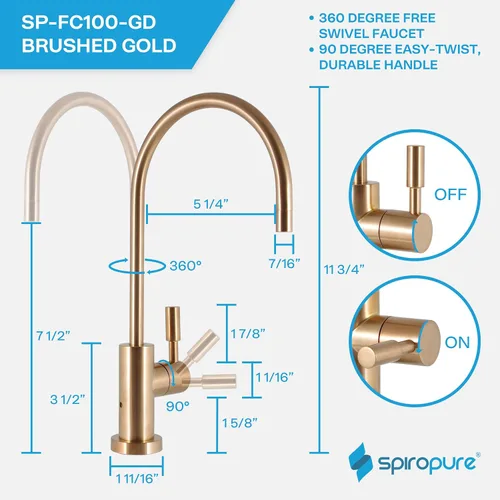 Miniatura 5 de SpiroPure Grifo RO de aire sin plomo certificado NSF, oro cepillado/bronce/latón, grifo de filtro de agua de reemplazo de ósmosis inversa, grifo