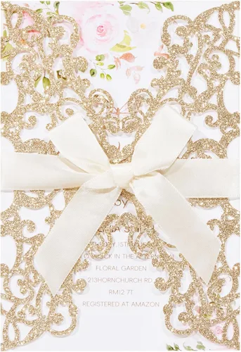 Miniatura 9 de AdasBridal 50 tarjetas de invitación de boda cortadas con láser con estampado floral, con sobre, hoja interior en blanco y cinta para boda, Dorado