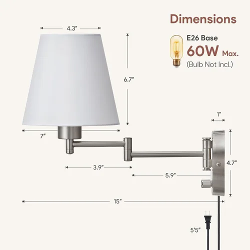 Miniatura 6 de VONLUCE Lámpara de pared con brazo oscilante ajustable moderna de níquel cepillado, iluminación de aplique de pared enchufable para mesita de noche