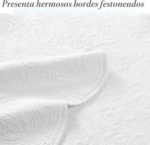 Miniatura 3 de Cozy Line Home Fashions Juego de edredón de ropa de cama de medallón victoriano de algodón 100% blanco sólido matelassé en relieve, colcha ligera