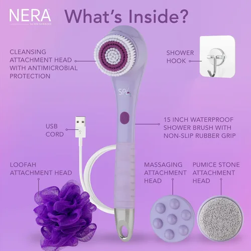 Miniatura 5 de Spa Sciences - NERA - Cepillo corporal 4 en 1 para ducha/baño para exfoliación, limpieza profunda, cuidado de pies, infusor de loción y masaje