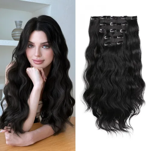 Miniatura 11 de Extensiones rubias onduladas con clip, de 18 pulgadas de largo, sintéticas, invisibles, gruesas, postizas, para mujeres, 5 piezas, rizadas, suaves