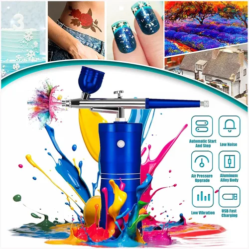 Miniatura 5 de Kit de aerógrafo, kit de aerógrafo con compresor 30PSI pistola de aerógrafo portátil, cepillo de aire inalámbrico para arte de uñas, juego