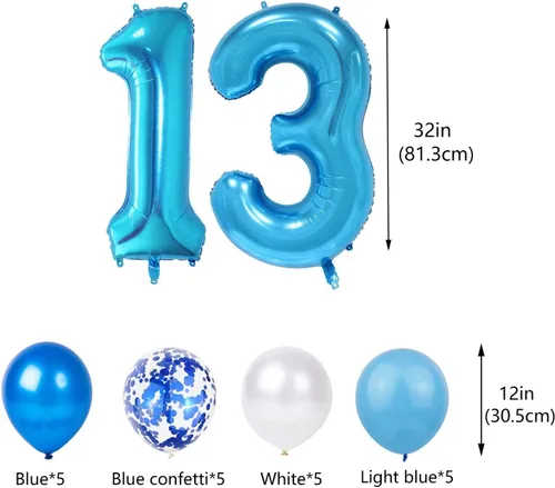 Miniatura 4 de Decoraciones de cumpleaños número 13 azul para niños, pancarta OMG UR A Teenager Happy 13th Birthday Banner número 13 globos de papel de aluminio