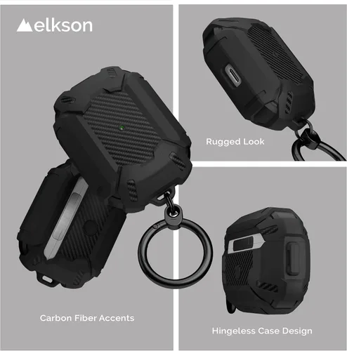 Miniatura 2 de elkson Compatible con AirPods Pro 2 1, funda segura con llavero rígido, parachoques de fibra de carbono, cuerpo completo, a prueba de golpes